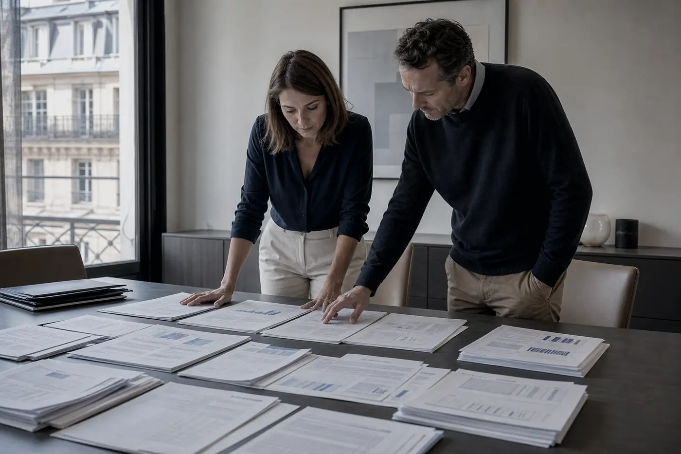 Deux personnes debout comparent plusieurs jeux de documents étalés sur une table.