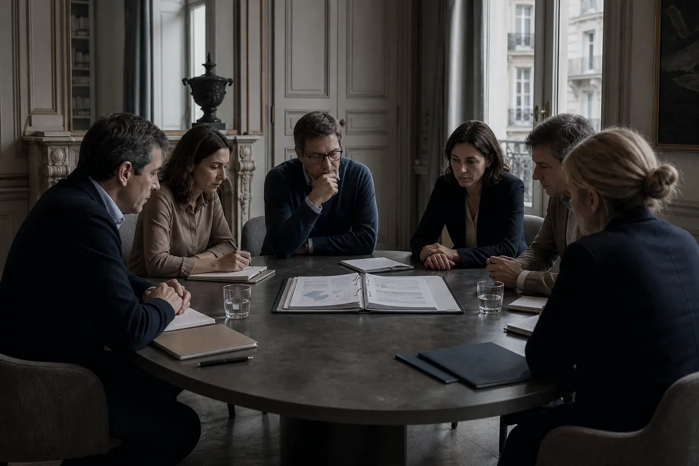 Comité de décision autour d’une table, un dossier ouvert au centre.