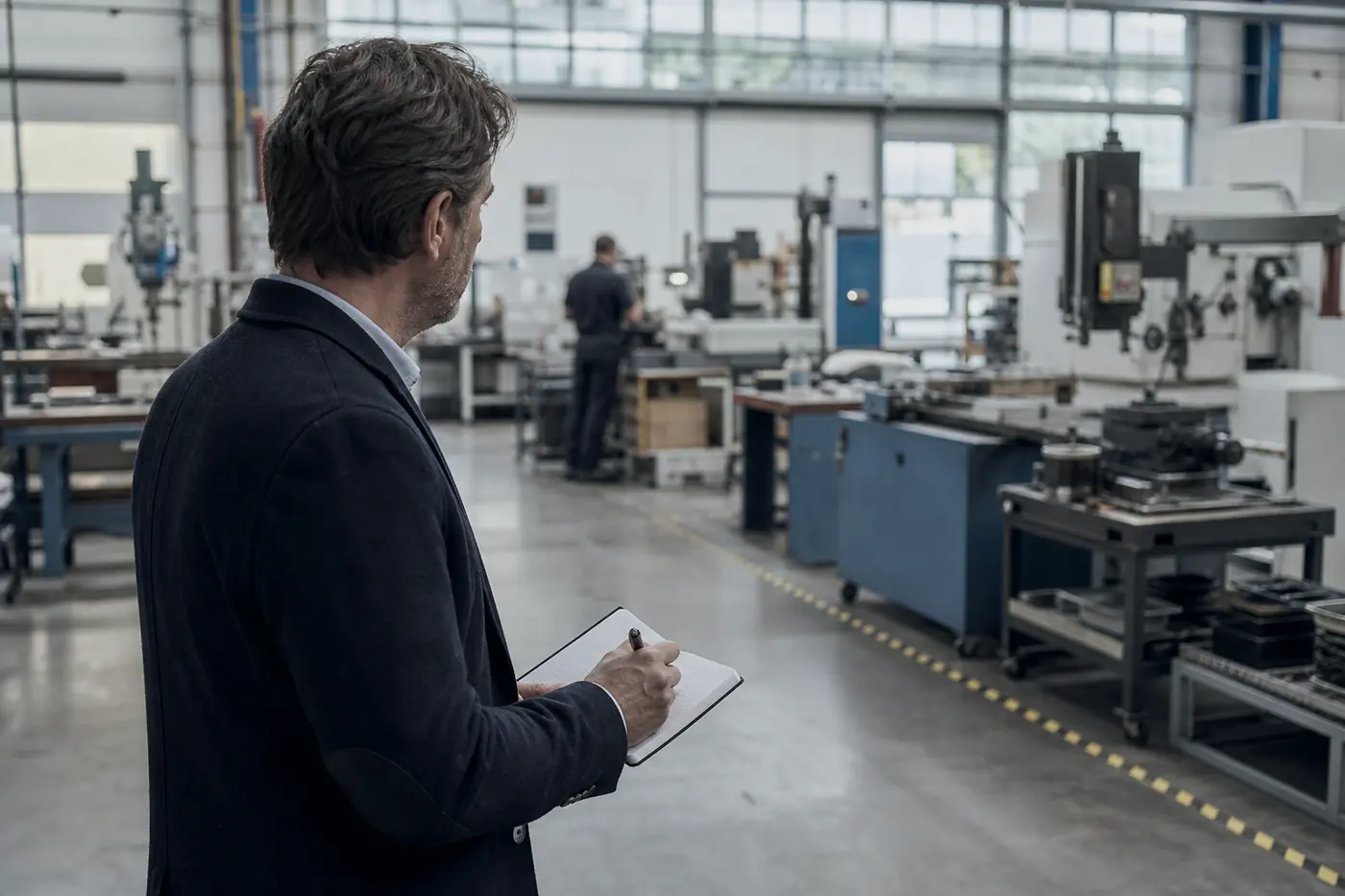 Visite d’un atelier industriel, une personne prend des notes sur un carnet.