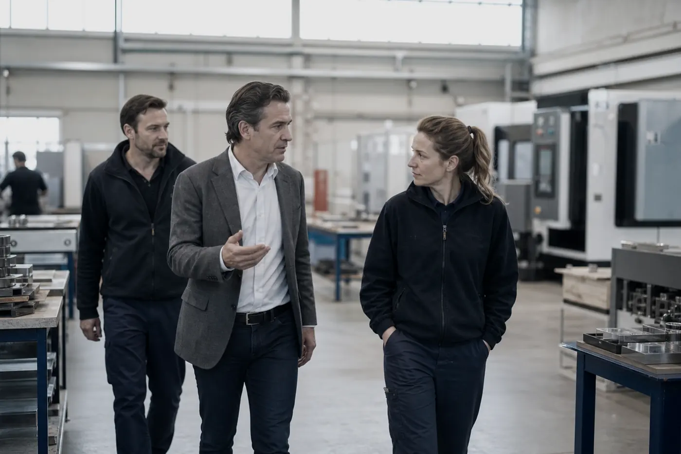 Un dirigeant échange avec des salariés dans un atelier de production.
