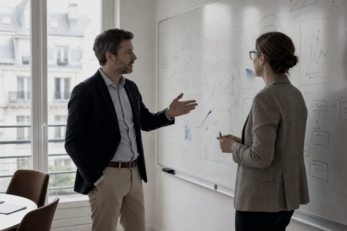 Deux personnes debout devant un tableau blanc couvert de schémas.