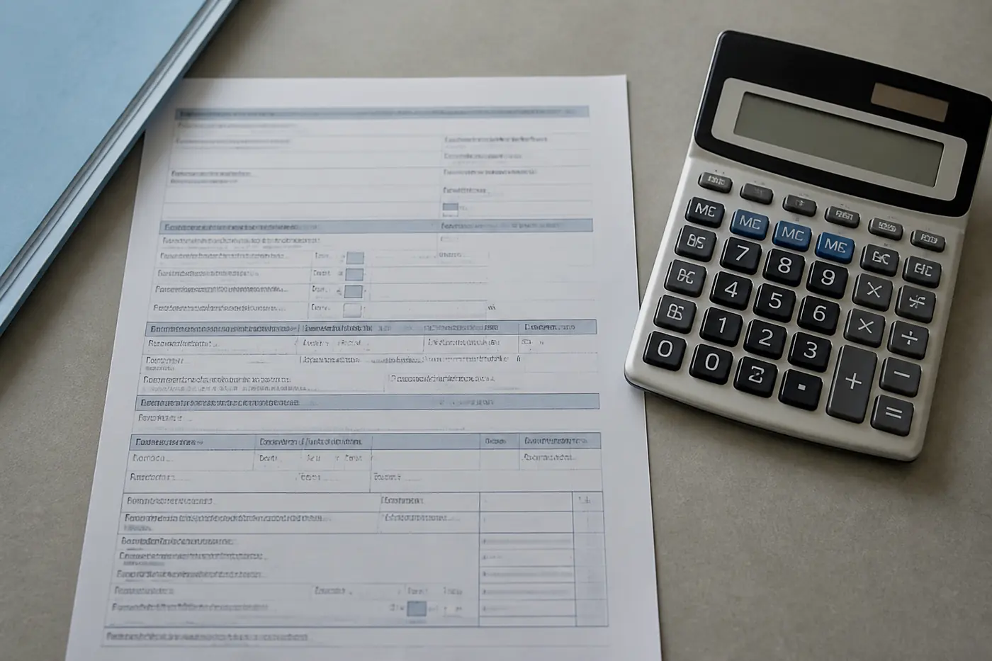 Plan serré sur un formulaire administratif papier et une calculatrice de bureau.