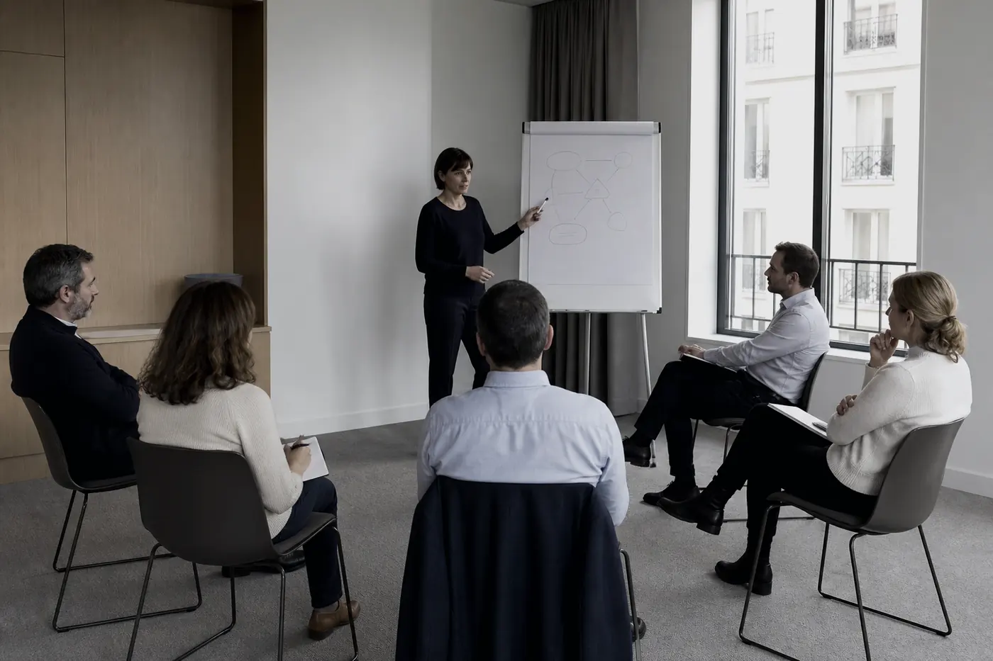 Petit groupe d’adultes en formation autour d’un paperboard.