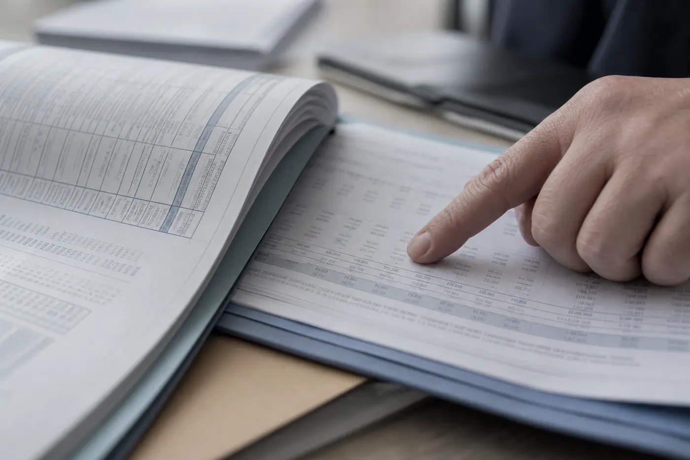 Plan serré sur une liasse fiscale ouverte, un doigt suivant une ligne du tableau.
