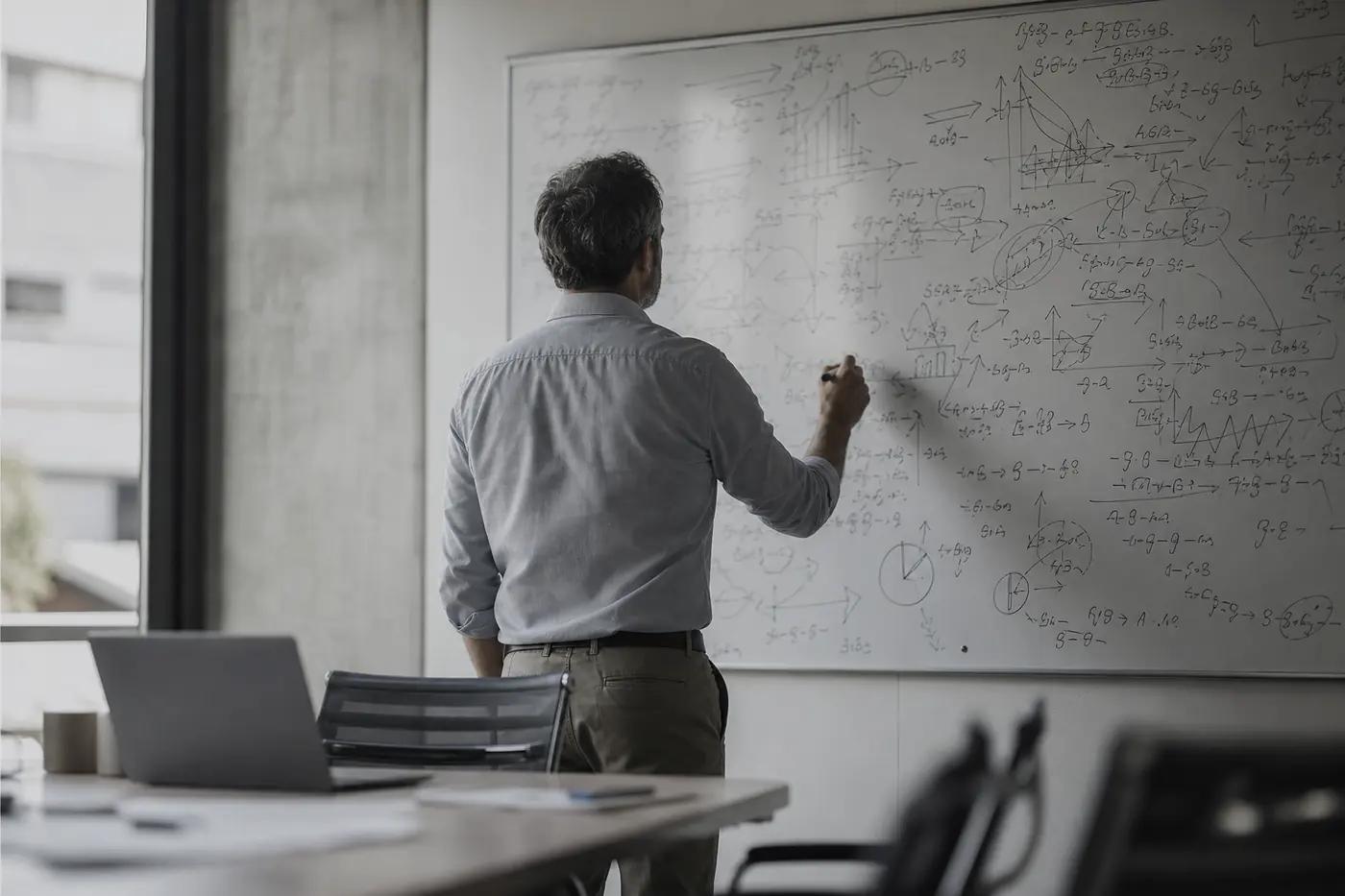 Personne de dos devant un tableau blanc couvert de calculs manuscrits.