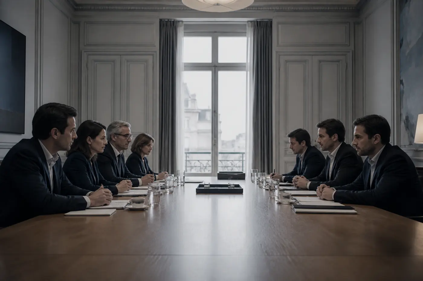 Deux parties assises face à face de part et d’autre d’une longue table.