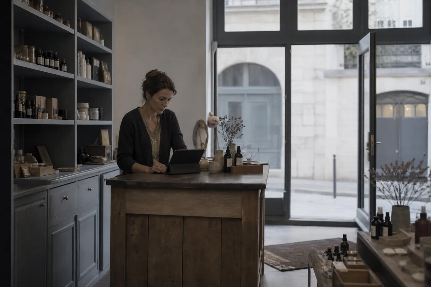 Une dirigeante derrière le comptoir d’un petit local commercial.