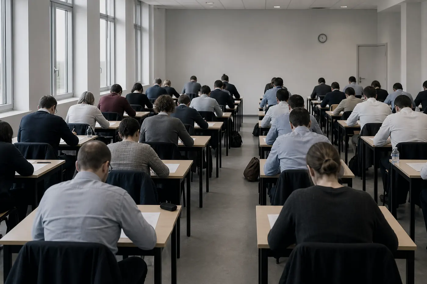 Salle d’examen, des adultes composent sur des copies, vus de dos.