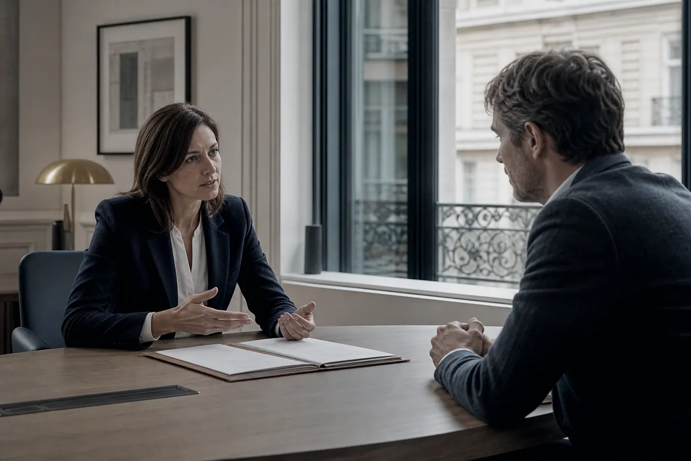 Rendez-vous bancaire, deux personnes face à face avec un dossier ouvert.