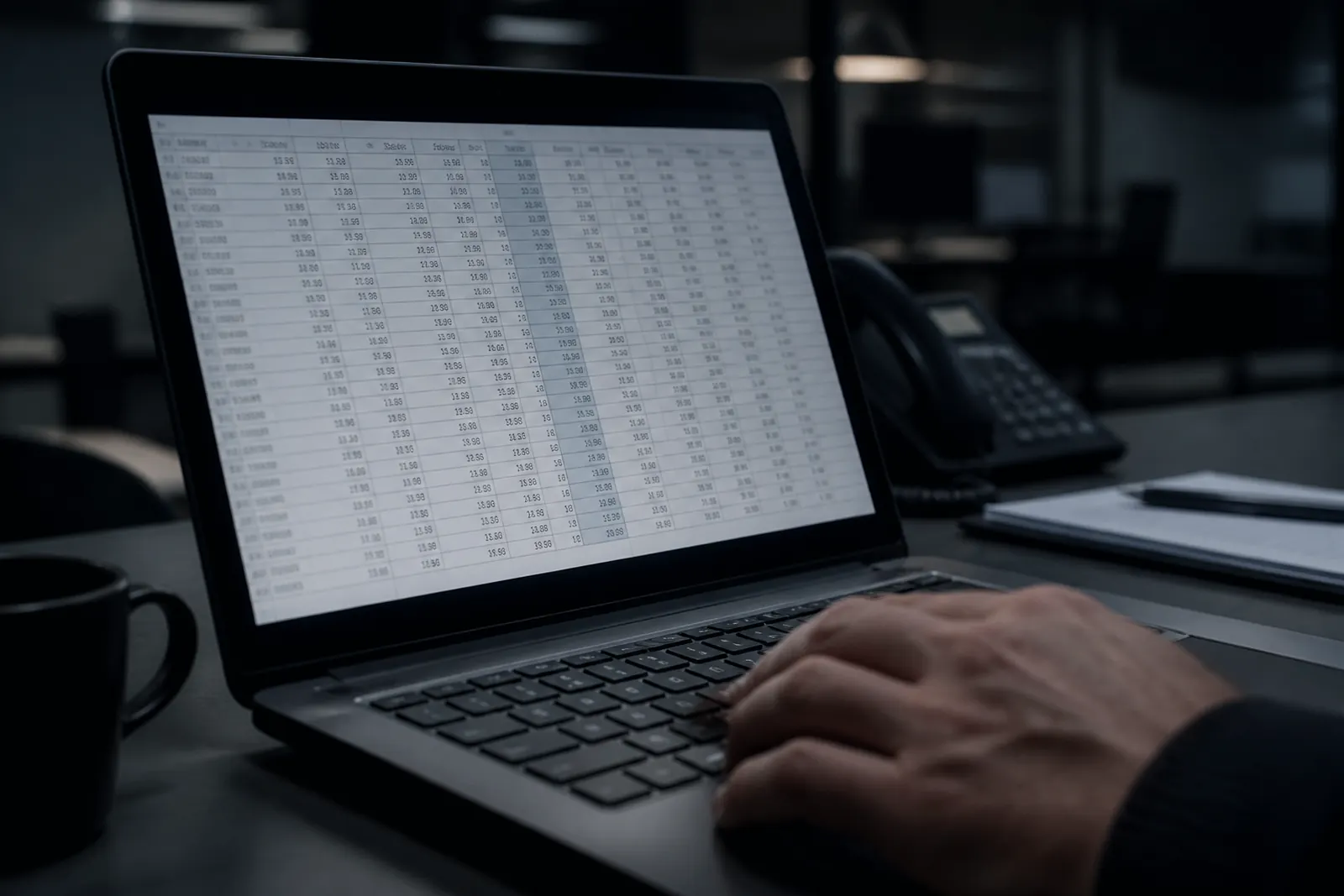 Écran affichant des colonnes de chiffres, une main posée sur le clavier.