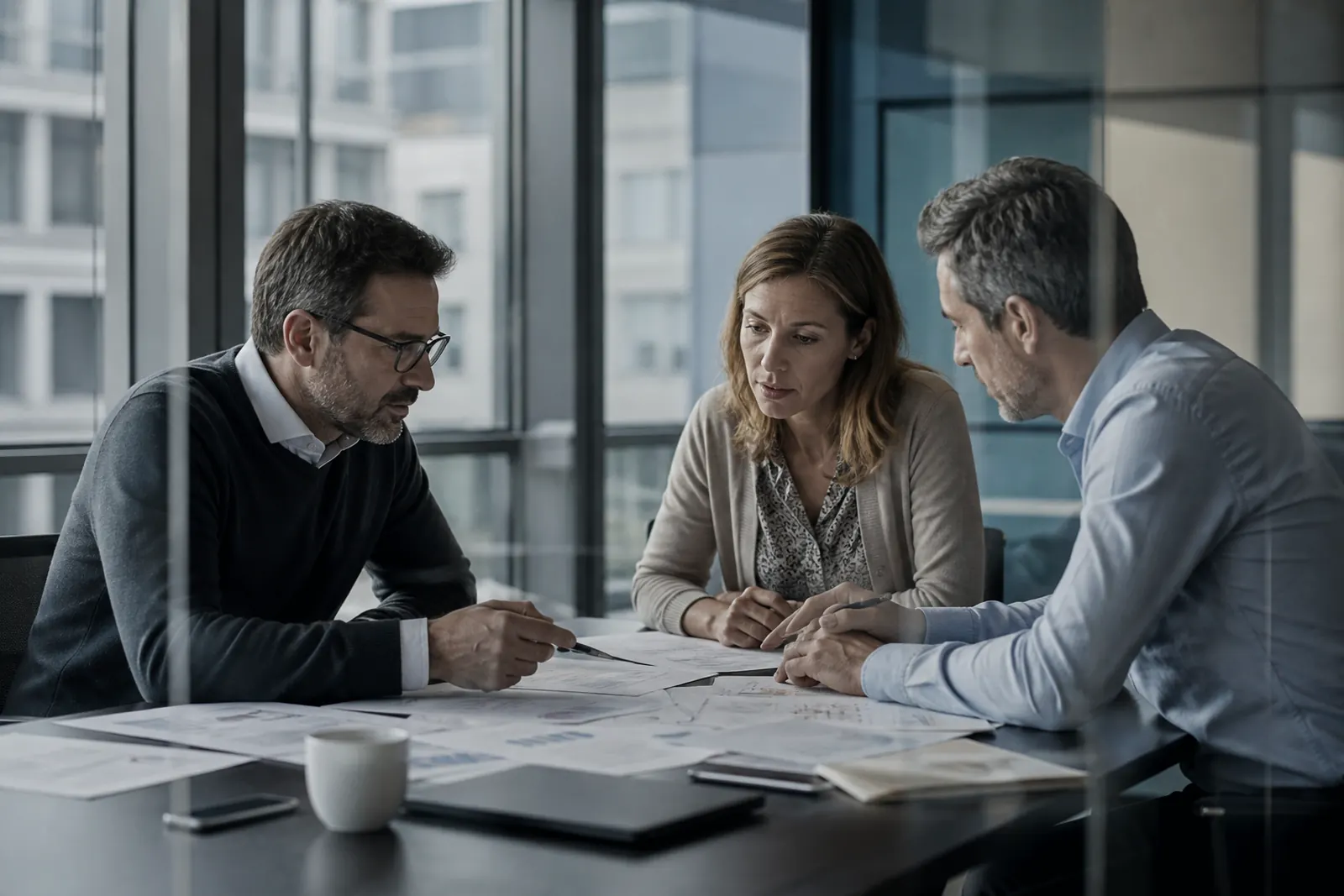 Trois personnes en réunion de négociation autour de documents étalés sur une table.
