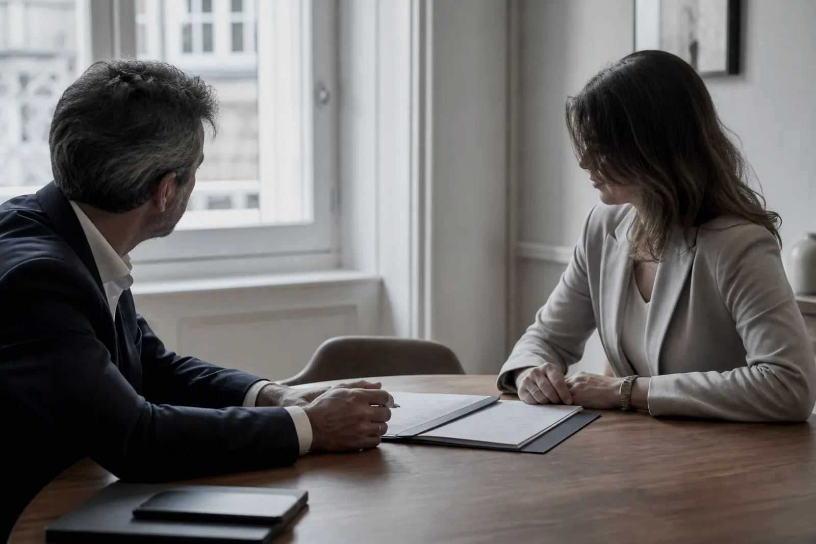 Deux personnes en entretien de part et d’autre d’une table, un dossier ouvert entre elles.